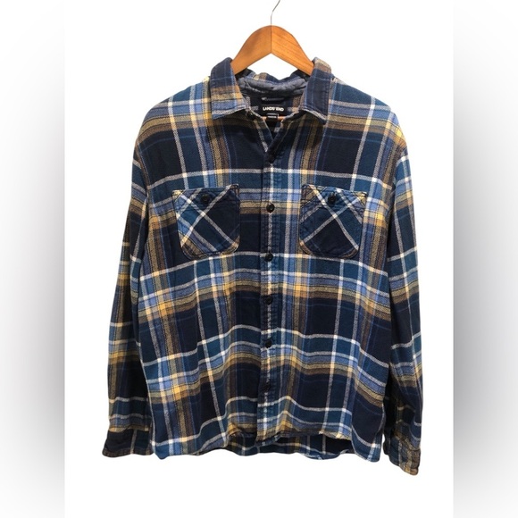 Lands End Mens Large 42/44 Blue and Yellow Plaid Button-Up Shacket Shirt - Picture 1 of 5